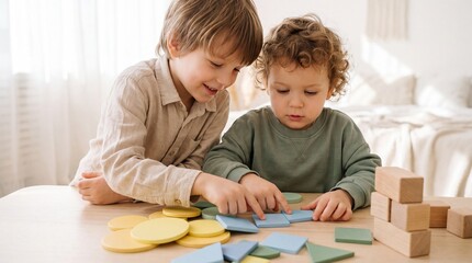 Fototapeta premium Two young student and tutor learning with colorful blocks on wood table