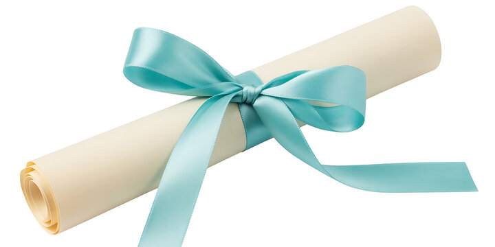 Rolled diploma scroll tied with a light blue satin ribbon on white background 