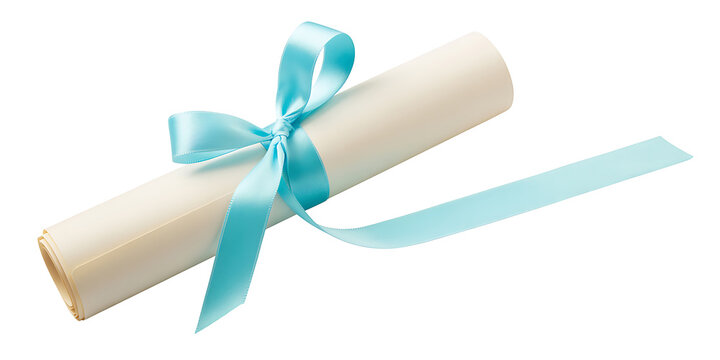 Rolled diploma scroll tied with a light blue satin ribbon on white background 