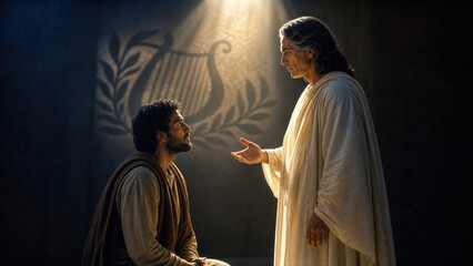 Obraz premium Angel appearing to Joseph in a dream. Biblical scene depicting an angelic messenger visiting a man to announce the birth of Jesus. Religious concept of faith, divine revelation and hope.
