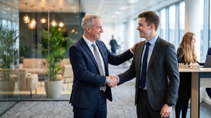 Fototapeta premium Senior executive congratulating a young male employee with a warm handshake and shoulder tap in the workplace.