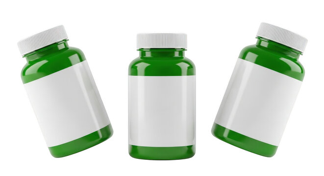 Three green plastic supplement bottles with empty labels isolated on transparent background