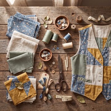 Patchwork fabric scraps and notions arranged on reclaimed wood for upcycling craft project