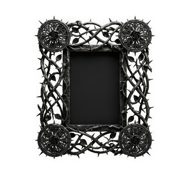 Gothic ornate frame with thorns and roses isolated on transparent background