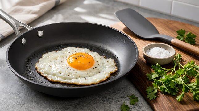 Sunny side up fried egg cooking in nonstick skillet with sea salt and parsley on counter, hot and delicious breakfast mood
