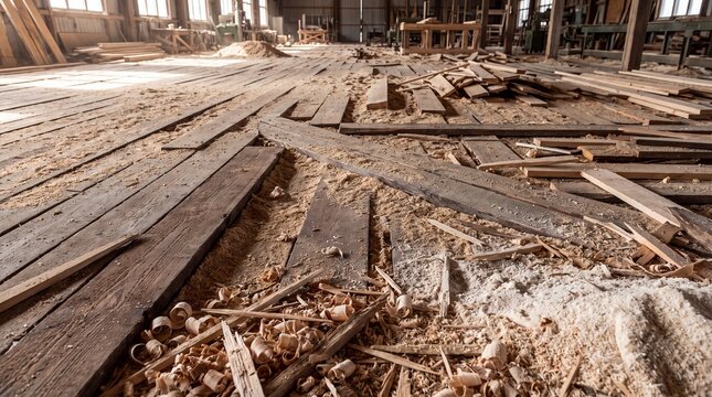 Natural industrial floor covered in wood debris and sawdust texture