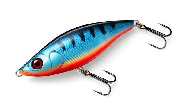 Colorful fishing lure with treble hooks on white background