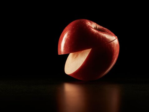 Red apple cut into a pacman shape on a dark surface