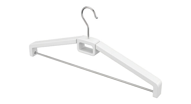 Single white plastic clothes hanger with metal hook isolated on transparent background