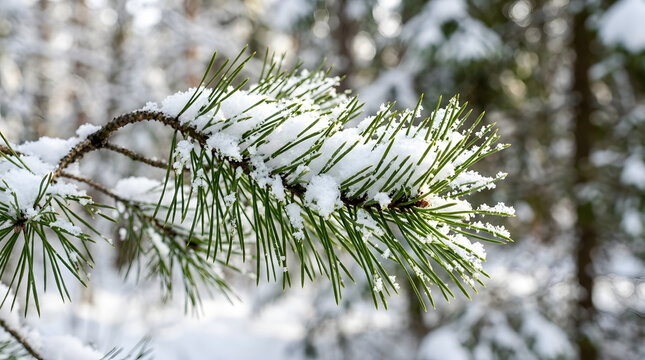 Pine tree branch covered in fresh white snow during winter season close up.
