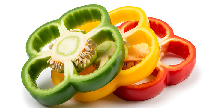 Three colorful bell pepper slices green yellow and red arranged in a row on a white background 