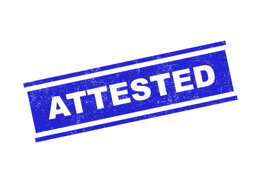 Blue rectangular rubber stamp with the word attested inside for official document approval isolated on transparent background