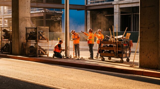 Construction crew working on infrastructure during cinematic golden hour light