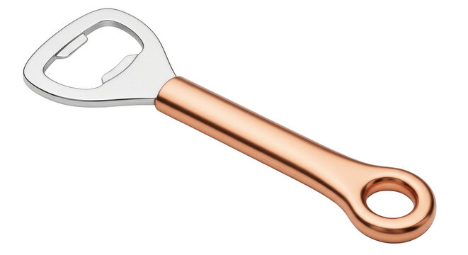 Modern metal bottle opener with a copper colored handle isolated on transparent background
