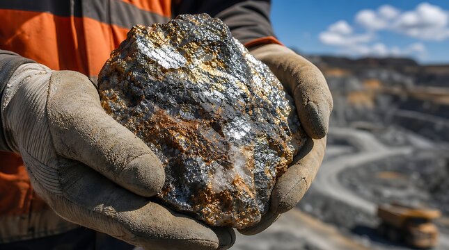 Worker wearing heavy gloves holding large raw mineral ore rock at open pit mine, heavy industrial concept