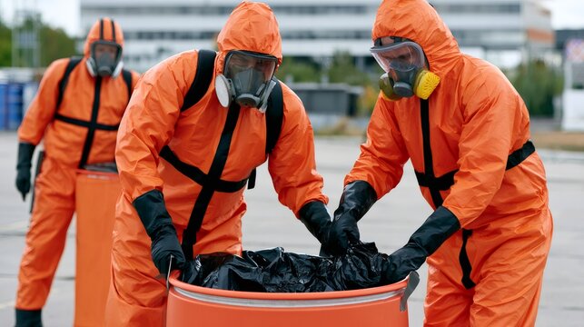 Hazmat team handling toxic waste disposal barrel