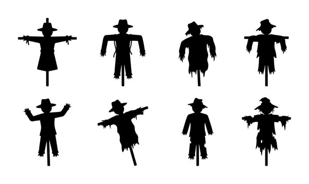 Set of 8 Scarecrow Silhouettes, Autumn Harvest Icons, Farm Halloween Vector Graphics
