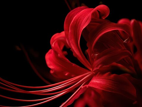 Closeup of a vibrant red spider lily flower with long, delicate petals and stamens, captured against a deep black background, highlighting the elegant curves and intense color of the bloom