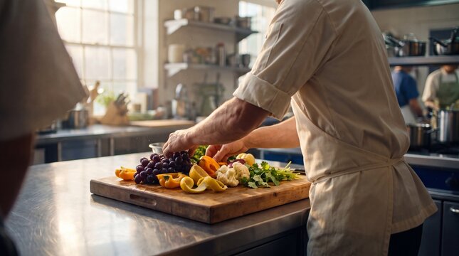 Prep cook arranges vibrant ingredients on a stainless steel workspace at dawn.