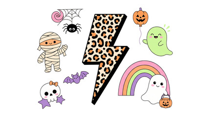 Fototapeta premium Leopard print lightning bolt with cute Halloween icons and spooky ghost illustrations