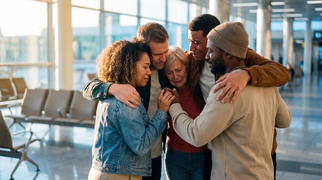 Diverse friends share a nostalgic farewell embrace at the modern airport gate.