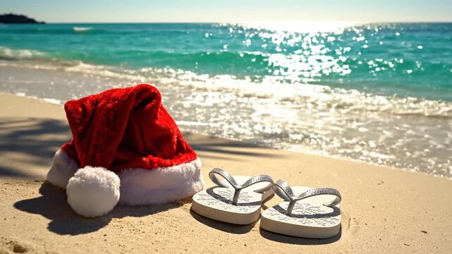 Santa hat and flip flops on sunny tropical beach