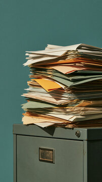 Stack of Documents: An overflowing stack of documents and file folders sits precariously atop a filing cabinet, a symbol of bureaucracy and overwhelming administrative tasks.