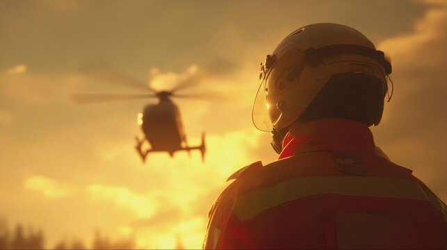 Rescuer watches helicopter at sunset.