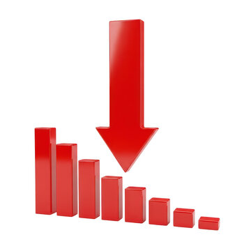Red bar chart with a downward arrow showing financial loss isolated on transparent background
