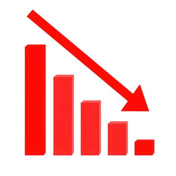 Red bar chart showing a downward trend with arrow isolated on transparent background