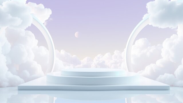 Minimalist stage design. White platform surrounded by clouds. Soft pastel sky, crescent moon visible. Dreamlike, serene presentation space.