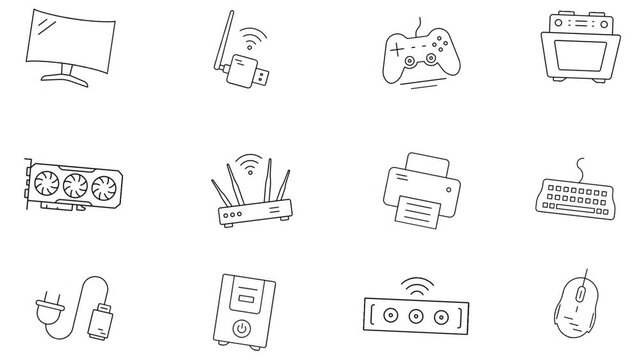 Minimalist line art animation of computer hardware and technology icons on white background