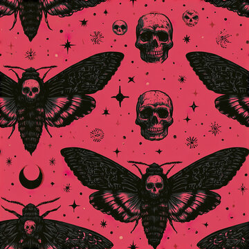 Mystical Halloween insect seamless pattern with black moths and skulls on red background creating spooky atmosphere