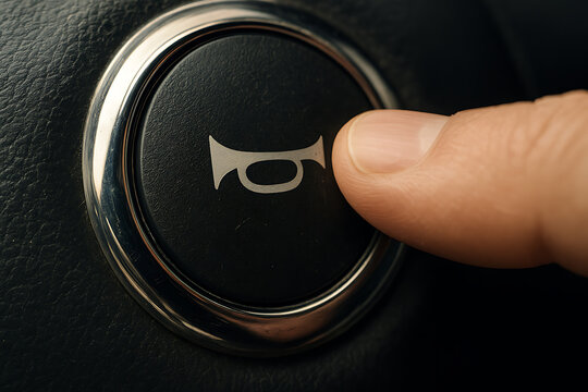Finger pressing horn button on steering wheel inside a dark car interior
