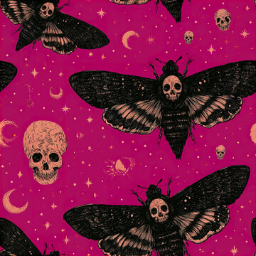 Mystical Halloween insect seamless pattern with black moths and skulls on dark pink background creating spooky atmosphere