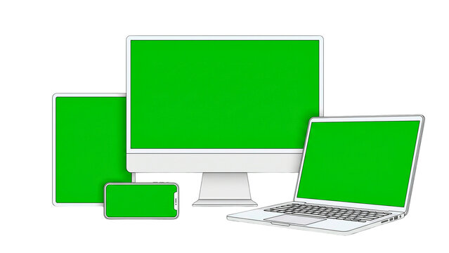 Desktop monitor, laptop, tablet, and smartphone mockups with green displays.