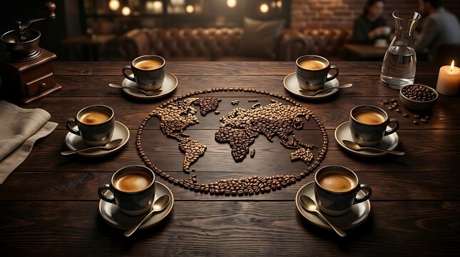 Creative World Map Made of Coffee Beans for International Coffee Day