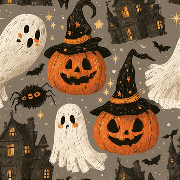 Playful Halloween night seamless pattern with friendly jack o lanterns, ghosts, haunted houses, bats, and spider in warm colors