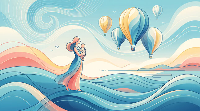 A mother holds her baby while watching hot air balloons fly in the sky above a colorful, wavy ocean. A symbol of dreams, freedom, and new beginnings