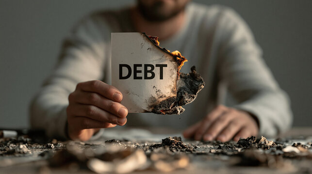 Burning Debt Crisis: A person holds a piece of paper with the word DEBT engulfed in flames, symbolizing financial ruin and overwhelming hardship.