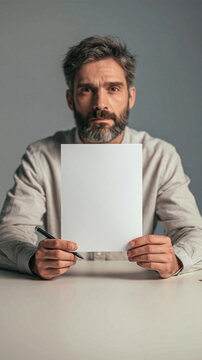 Man Holding Blank Paper: A pensive man with a beard and graying hair sits at a table, holding a blank sheet of paper and a pen, looking directly at the viewer with a serious expression.