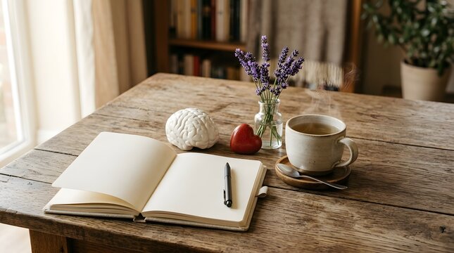World mental health day open notebook with a pen, a brain model, a heart, lavender in a vase, and a steaming cup of tea on a rustic wooden table