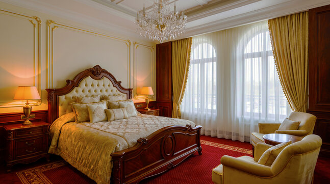 Luxury hotel bedroom interior with king size bed and warm gold lighting interior furniture lighting curtains armchairs carpeting spacious hospitality vacation exclusive sophisticated