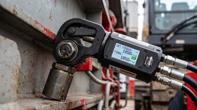 Hydraulic torque wrench tightening a large steel bolt during heavy industrial construction and maintenance repair operations