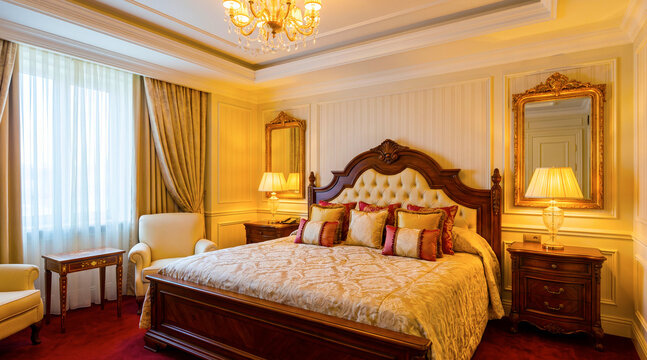 Luxury hotel bedroom interior with large bed and ornate lamps interior furniture hospitality upholstery accommodation traditional lighting inviting apartment residence lifestyle spacious