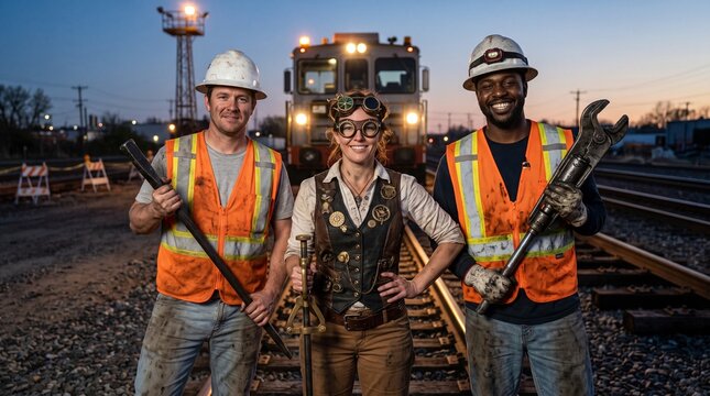 Diverse railway workers and female steampunk engineer posing confidently before a heavy train at sunset hour