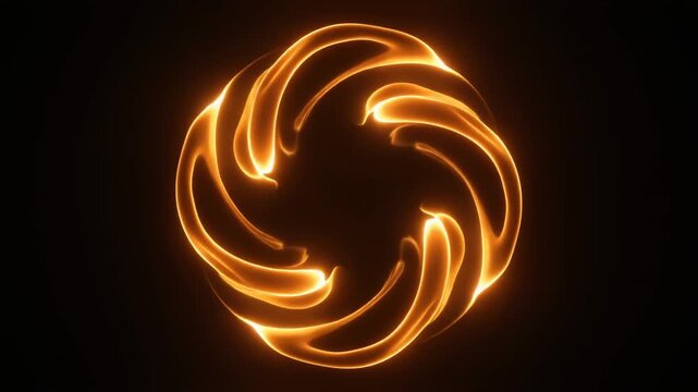 Warm-amber plasma forms loose rotating ring around dark center, luminous tendrils circulating and reshaping continuously against deep black with hypnotic futuristic energy and cinematic glow.
