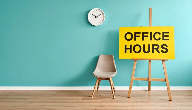Office hours sign with chair and clock in minimalism