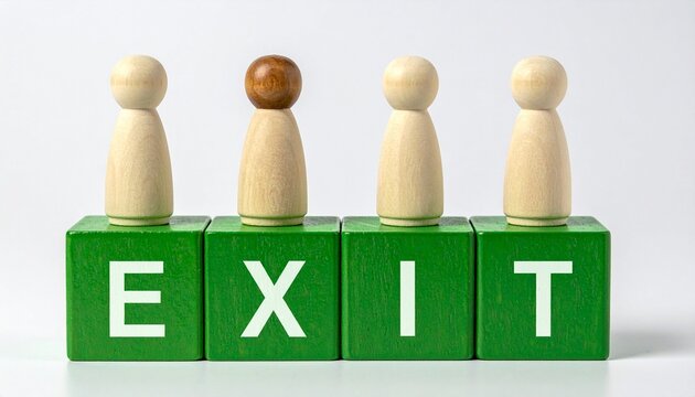 Wooden figurines stand on exit blocks in transition