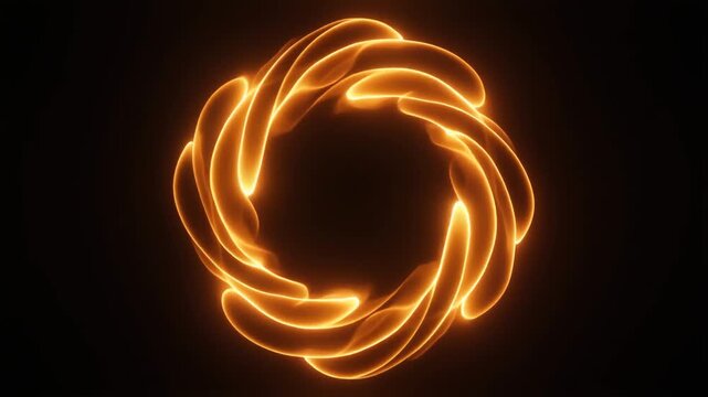 Warm-amber plasma forms loose rotating ring around dark center, luminous tendrils circulating and reshaping continuously against deep black with hypnotic futuristic energy and cinematic glow.